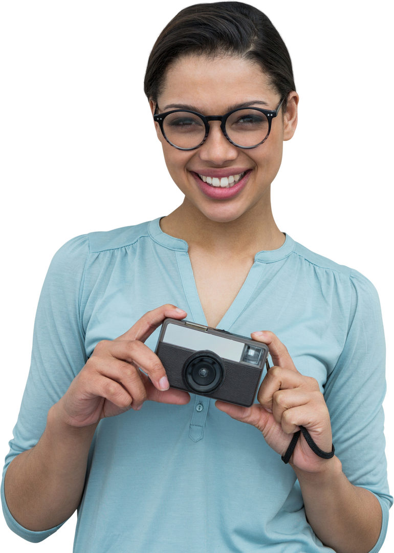 Transparent background cheerful female photographer holding camera smiling - Download Free Stock Images Pikwizard.com