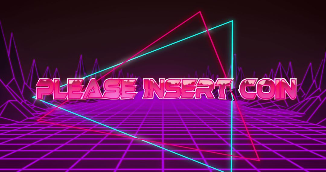 Retro Futurism Please Insert Coin Design with Neon Grid