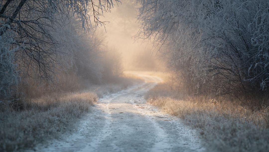 Sunlit Frosty Country Track Winding Through Misty Woodland with Backlit Fog at Dawn