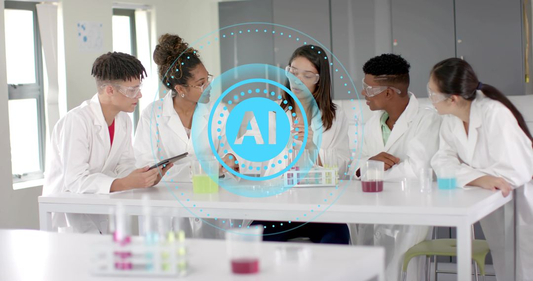 High School Students Conducting AI-Enhanced Science Experiment with Tablet in Lab for STEM Teamwork