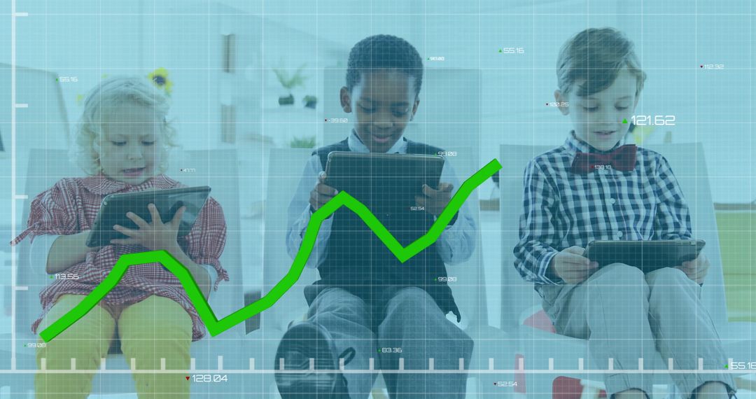 Diverse Children Using Tablets with Graf Overlay Indicating Growth