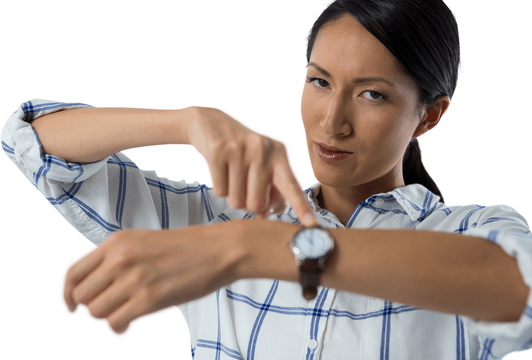 Transparent Female Executive Pointing at Her Wristwatch Urgently