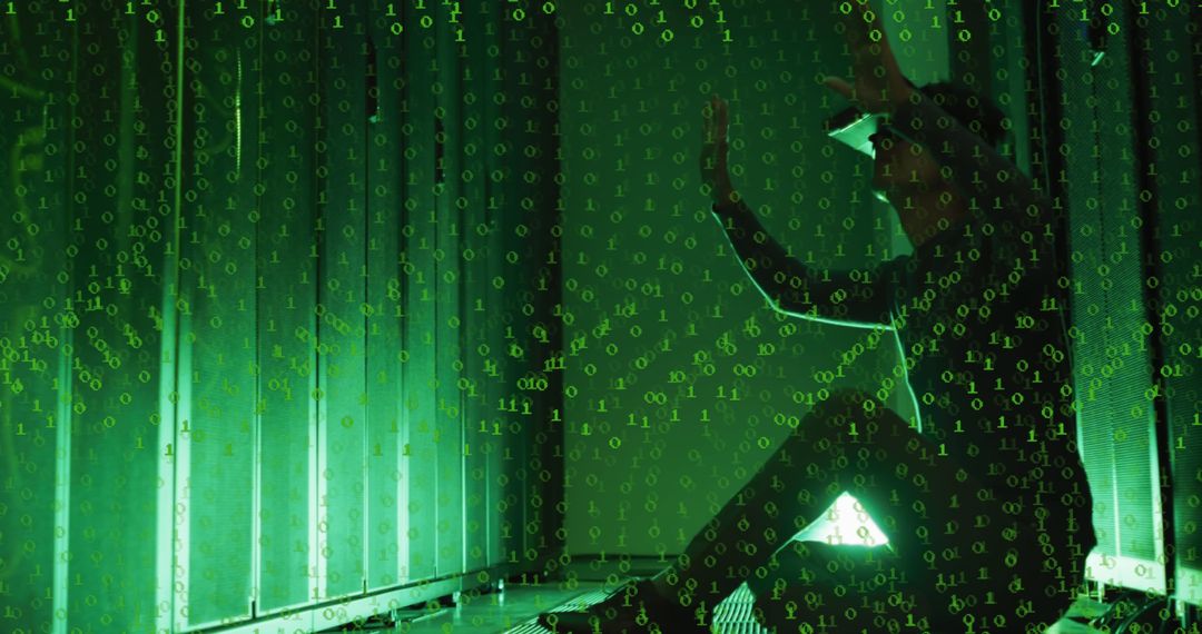 VR Technology and Programming in Server Room with Binary Overlay