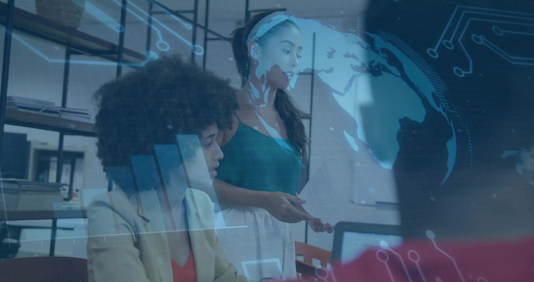 Multiracial Women Collaborating on Laptops and Tablets in Tech Office with Overlay
