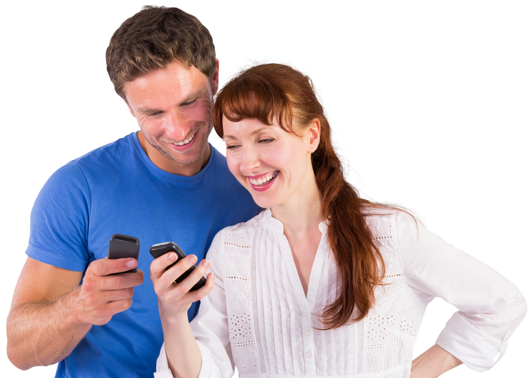 Happy Caucasian Couple Communicating over Phones on Transparent Background - Download Free Stock Images Pikwizard.com