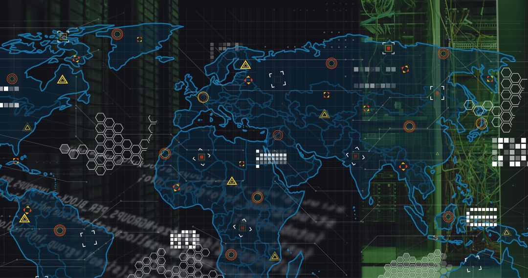 World Map Displays Data Processing in Futuristic Server Room
