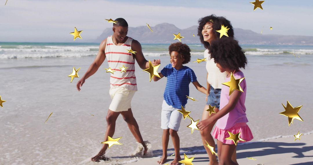 Smiling Family Enjoying Beach Sunset Walk with Golden Stars Overlay