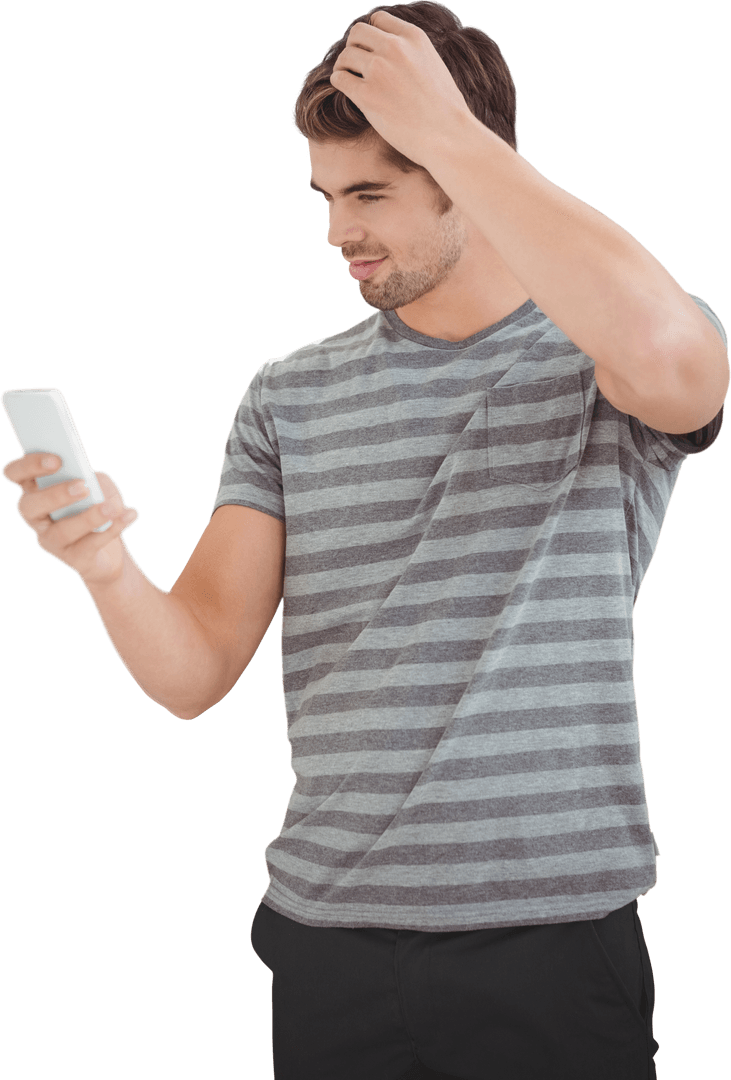 Transparent Puzzled Man Using Smartphone in Striped T-Shirt