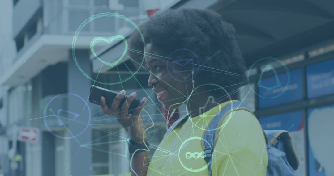 Woman Engaging with Social Media Icons on Smartphone in Urban Setting