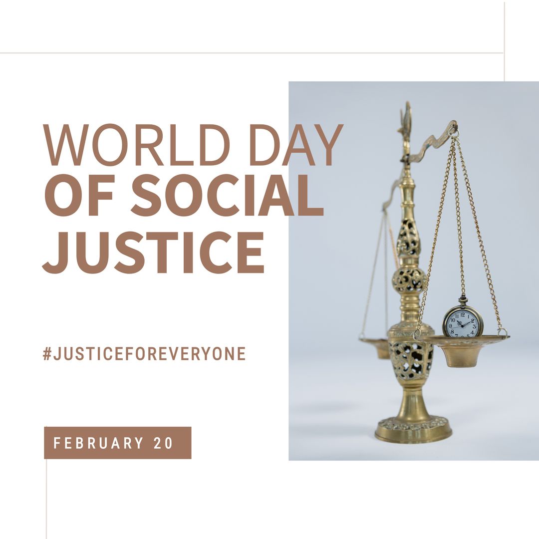 World Day of Social Justice Concept with Scales and Clock