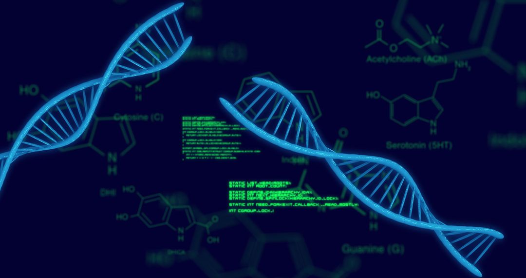 DNA Strands and Scientific Data on Dark Background