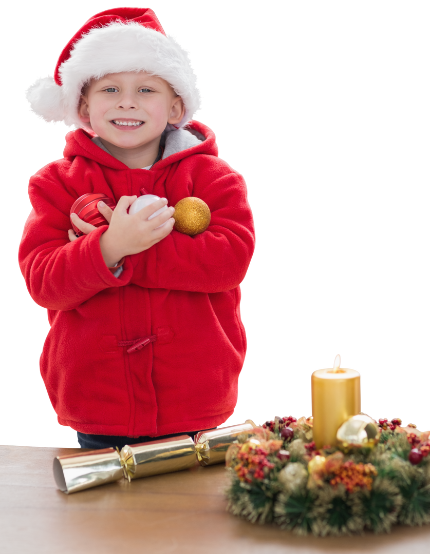 Smiling Boy in Santa Hat Holding Christmas Decorations with Transparent Background - Download Free Stock Images Pikwizard.com