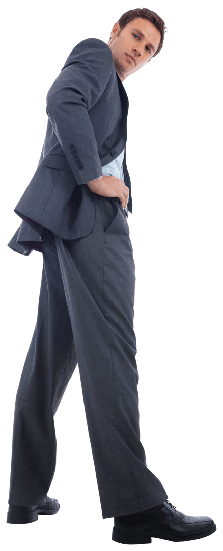 Transparent Businessman Standing with Hands on Hips in Gray Suit