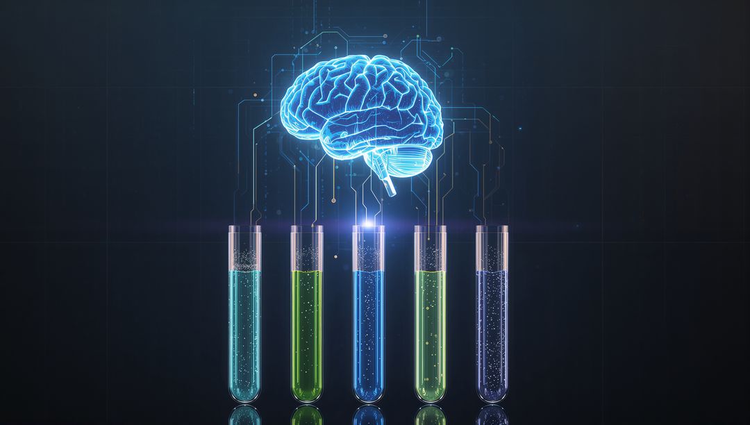 Holographic Brain Connecting to Glowing Test Tubes Visualizing Neural Dataflow and AI