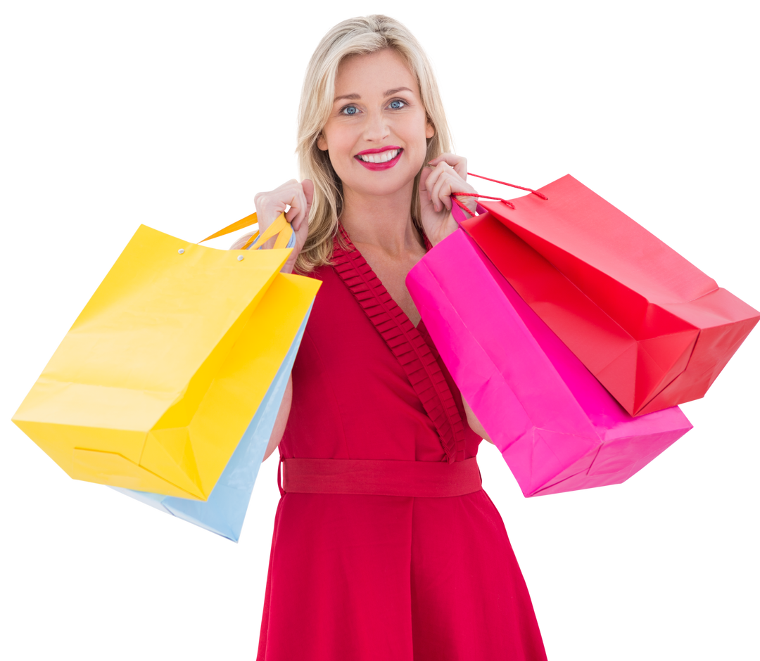 Transparent Woman Holding Colorful Shopping Bags in a Stylish Red Dress - Download Free Stock Images Pikwizard.com