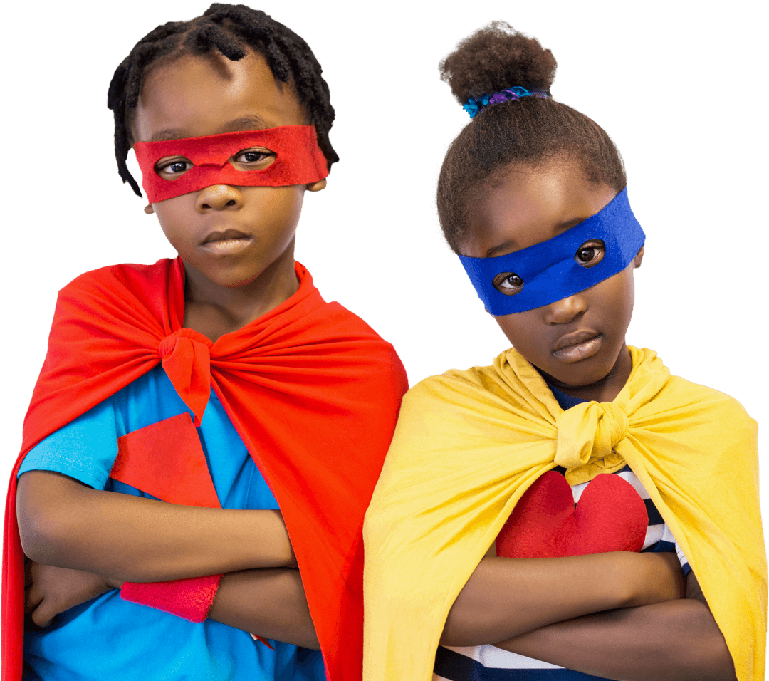 Siblings Wearing Colorful Superhero Capes on Transparent Background