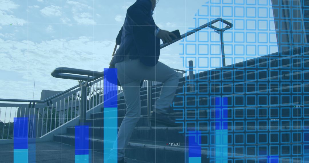 Businessman Climbing Stairs with Data Analytics Overlay - Free Images, Stock Photos and Pictures on Pikwizard.com