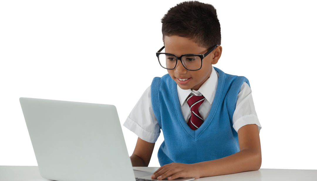 Smiling Schoolboy Using Laptop with Transparent Background