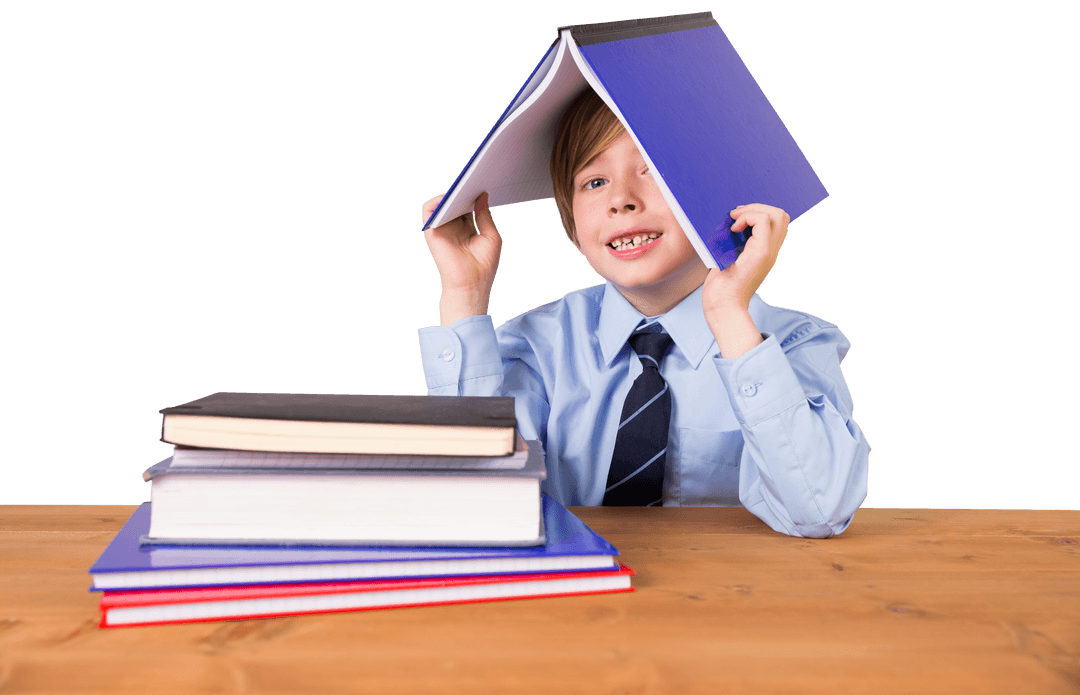 Caucasian Boy with Books and Notebook on Transparent Background