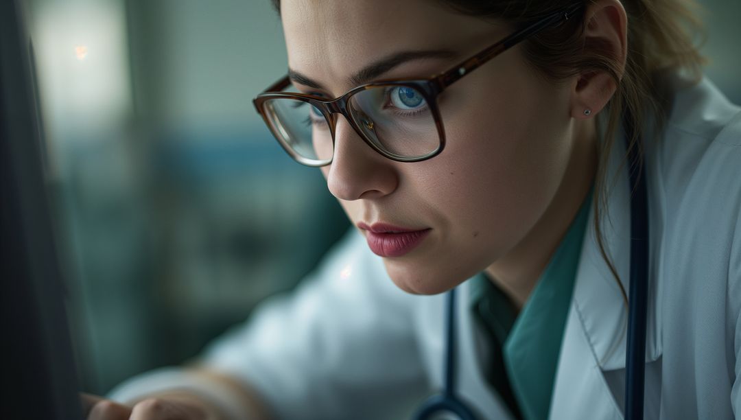 Focused Medical Professional Analyzing Data in Hospital Workspace