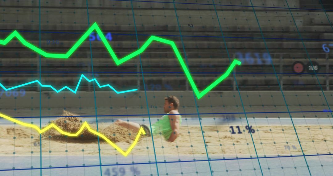 Long jump athlete landing on sand with performance analytics overlay and tracking graphs