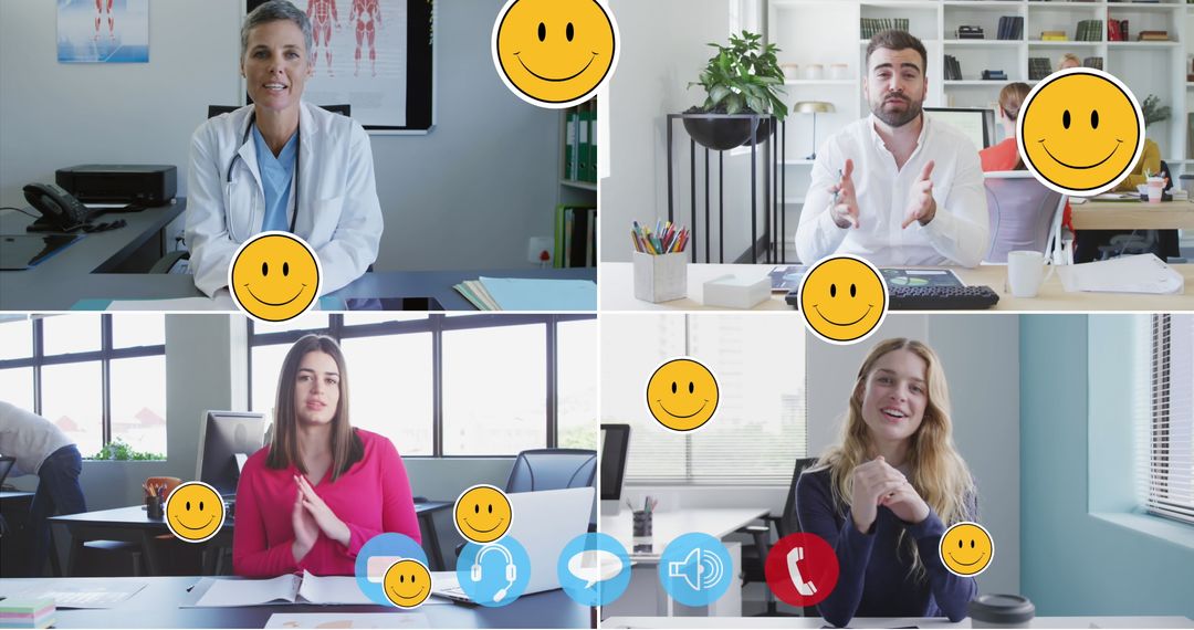 Virtual Meeting with Diverse Team Members and Emojis