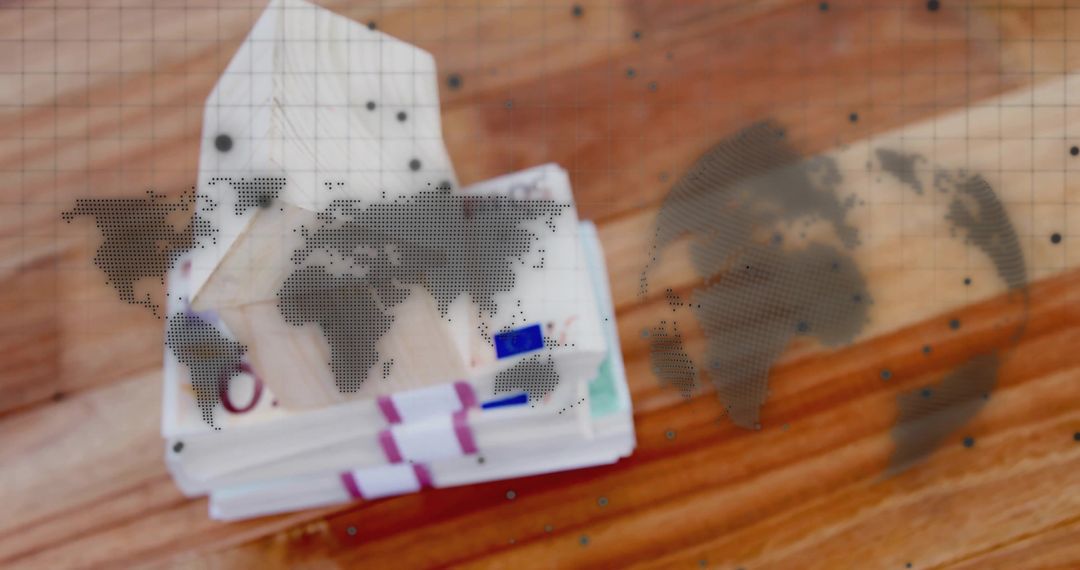 Stack of Euro Banknotes with Global Network Map Overlay
