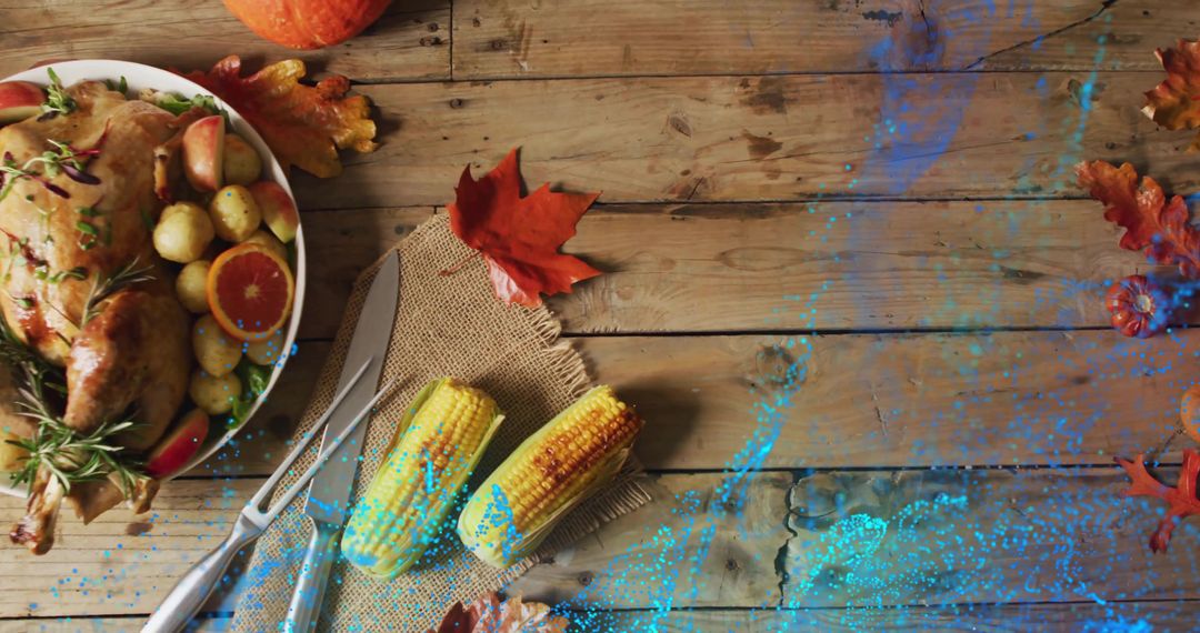 Serving Rustic Roast Chicken with Grilled Corn and Citrus on Weathered Wood Table