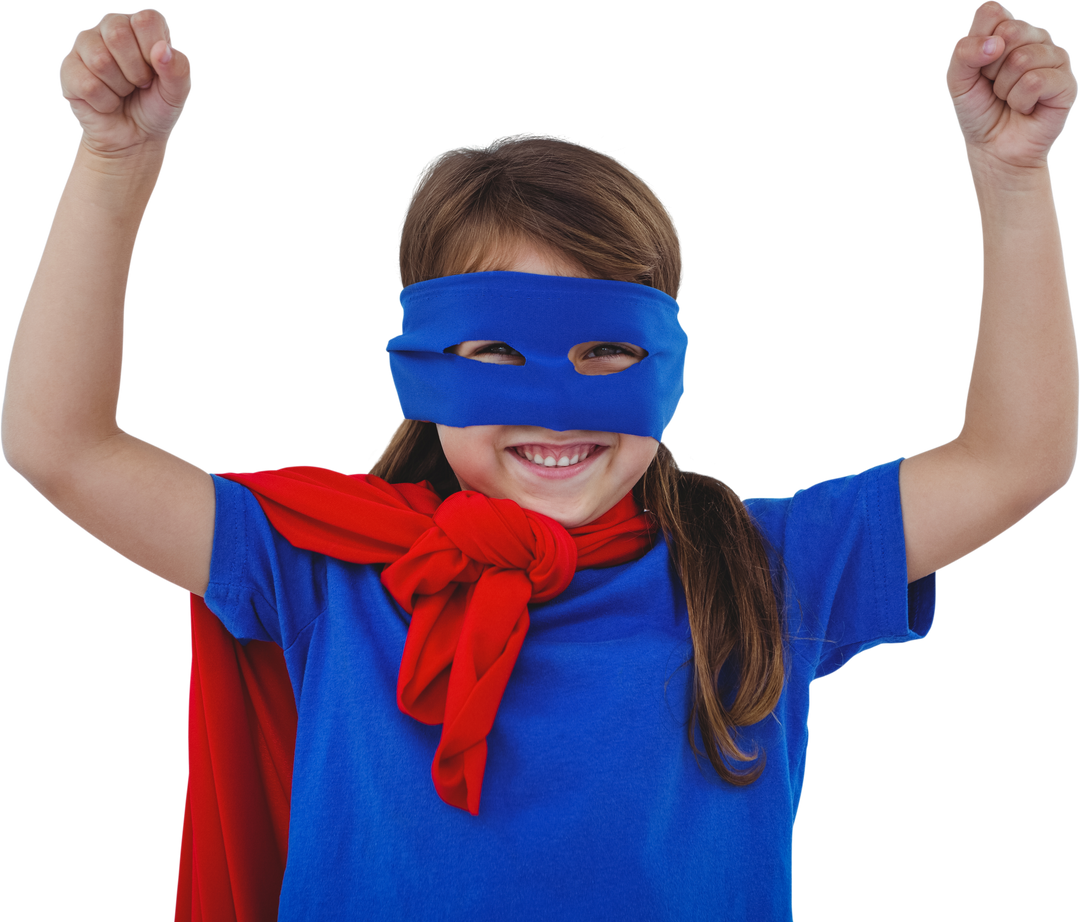 Girl in Superhero Costume with Transparent Cape Raising Fists Confidently - Download Free Stock Images Pikwizard.com