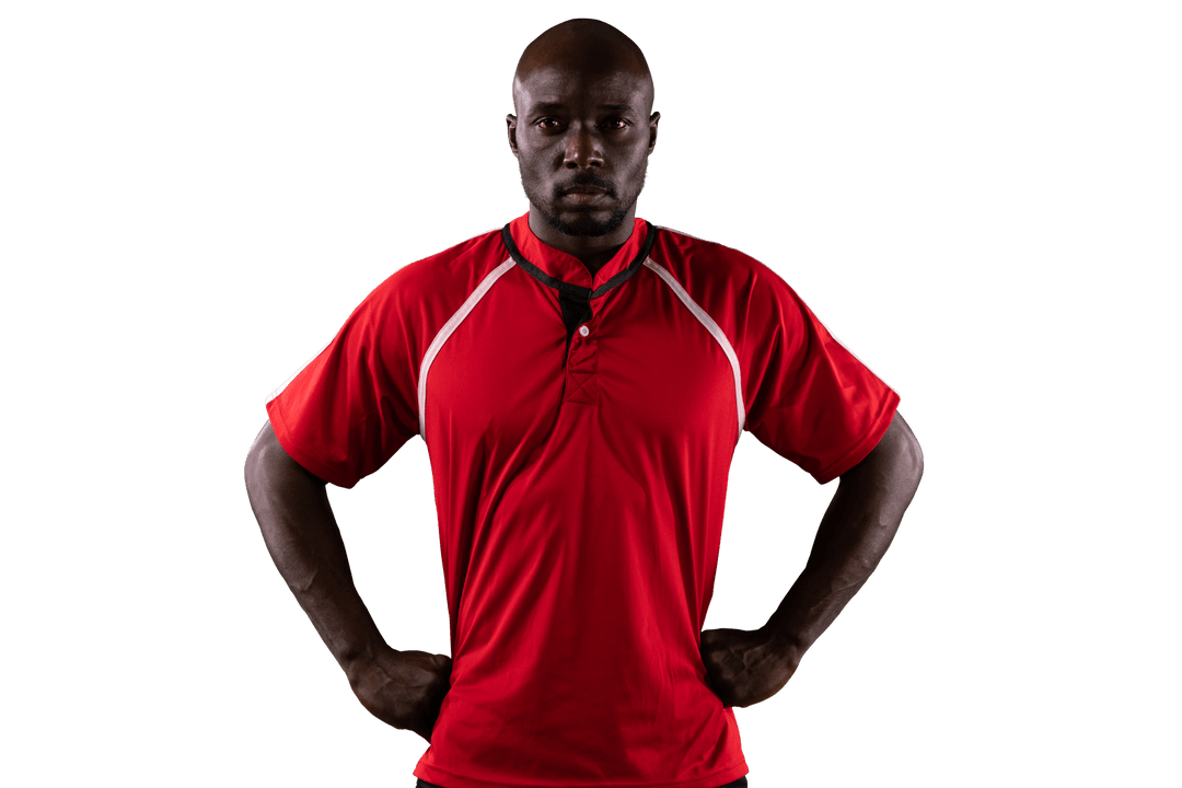 Confident African American Athlete in Red Uniform on Transparent Background