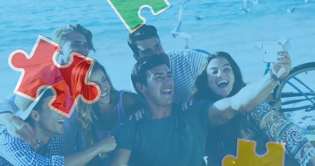 Friends on Beach Taking Selfie with Puzzle Piece Overlay Concept