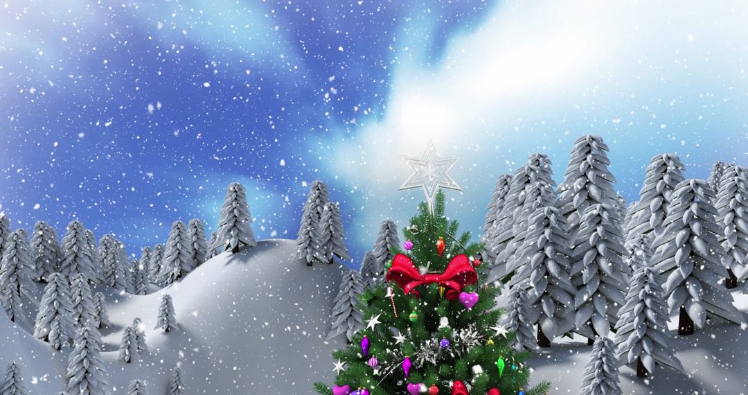 Festive Winter Scene with Decorated Christmas Tree in Snowy Landscape