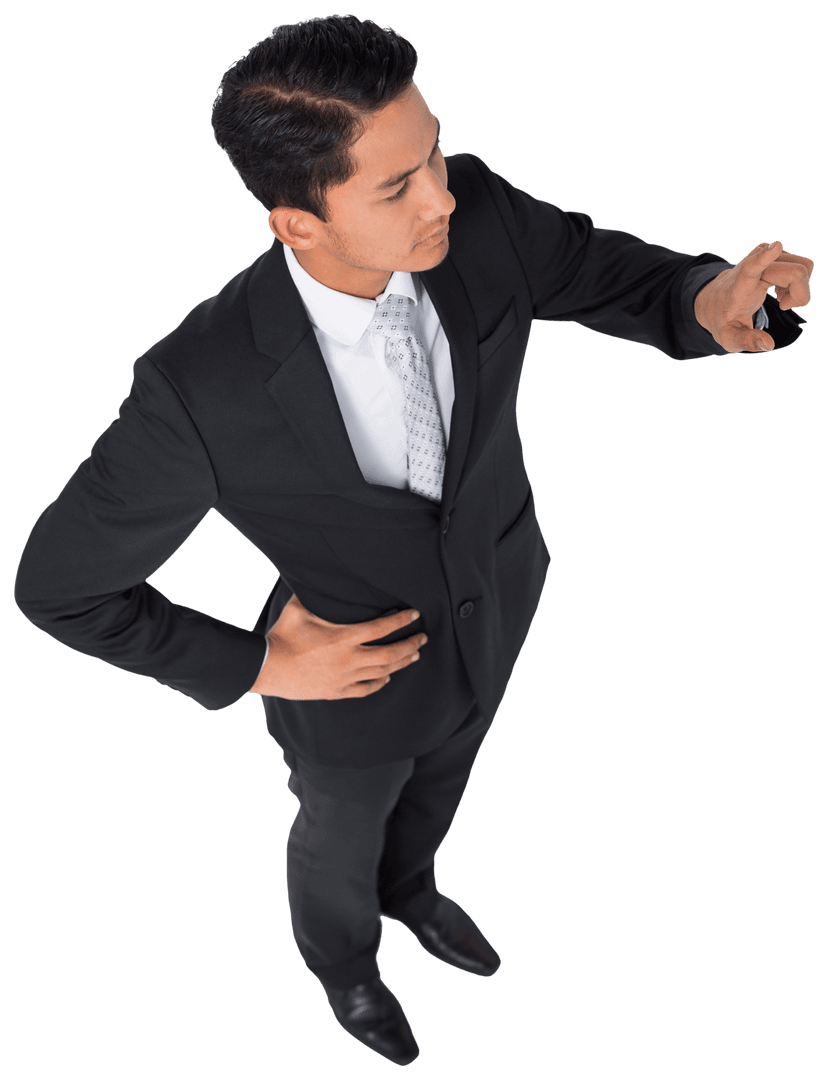 Elegant Businessman Interacting with Virtual Interface on Transparent Background