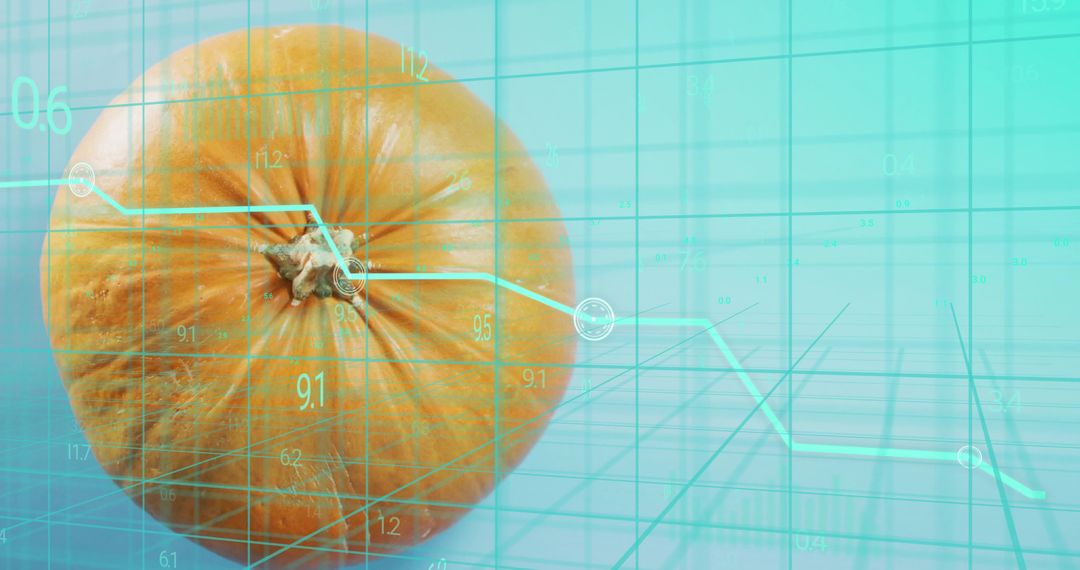 Orange pumpkin on teal 3D grid with glowing line chart overlay, futuristic food analytics concept