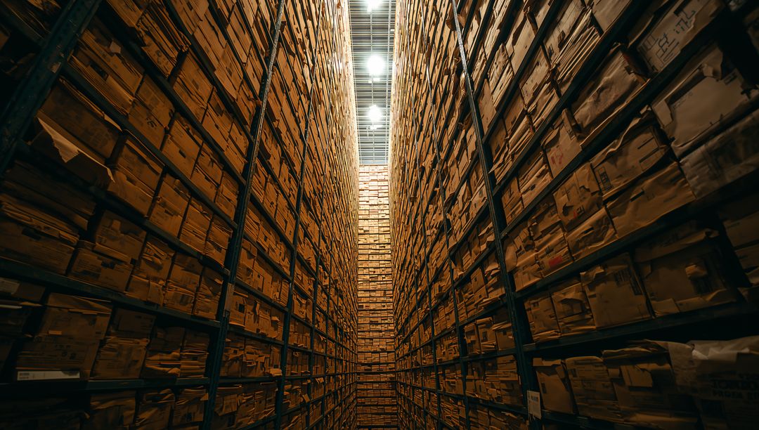 Industrial Archive Storage Aisle with Labeled Boxes on Metal Shelving