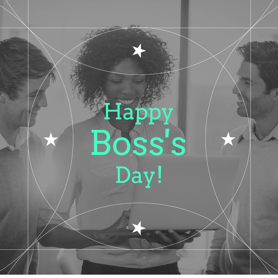 Image of happy boss day over diverse female and male coworkers with laptop in black and white - Download Free Stock Templates Pikwizard.com