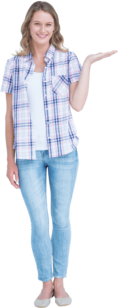 Smiling Casual Woman Presenting Open Hand Gesture Transparent Background