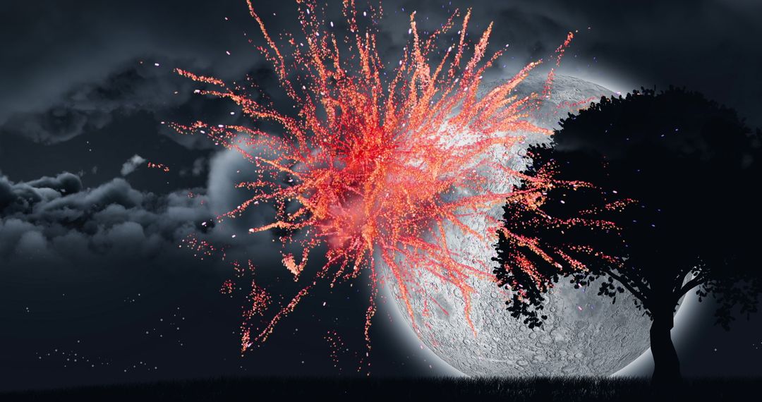 Vibrant Fireworks Ignite Night Sky with Full Moon Backdrop