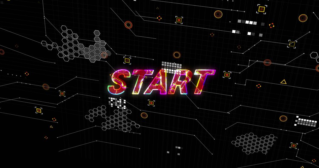 Colorful Start Text with Digital Interface Elements on Black Background