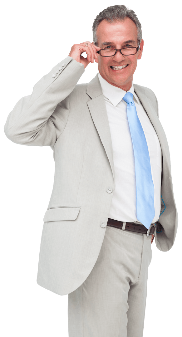 Transparent Background: Smiling Businessman Adjusting Glasses