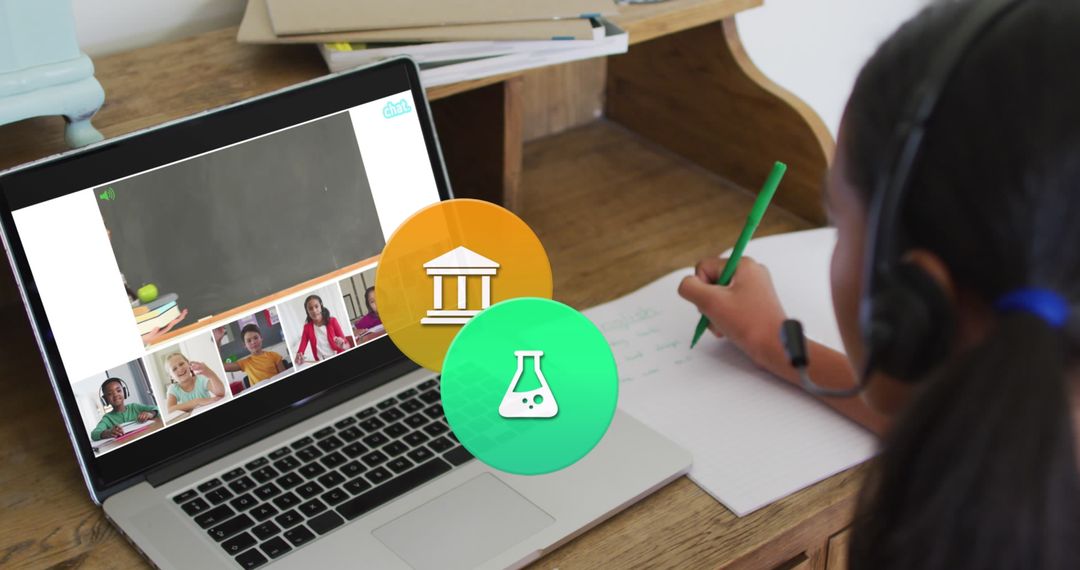 Student Participating in Virtual Learning with Educational Icons