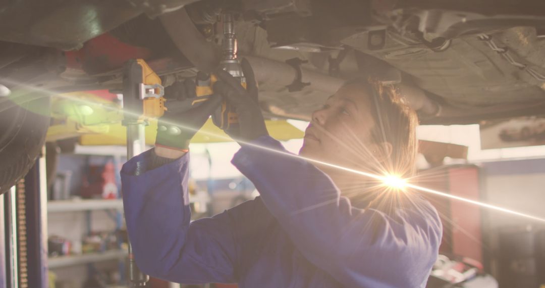 Skilled Female Mechanic Working Under Car in Workshop