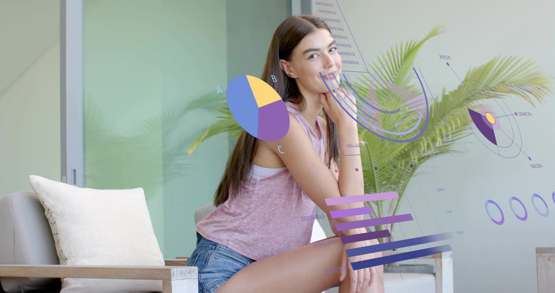 Young woman lounging with transparent data visualization overlay in modern home lounge