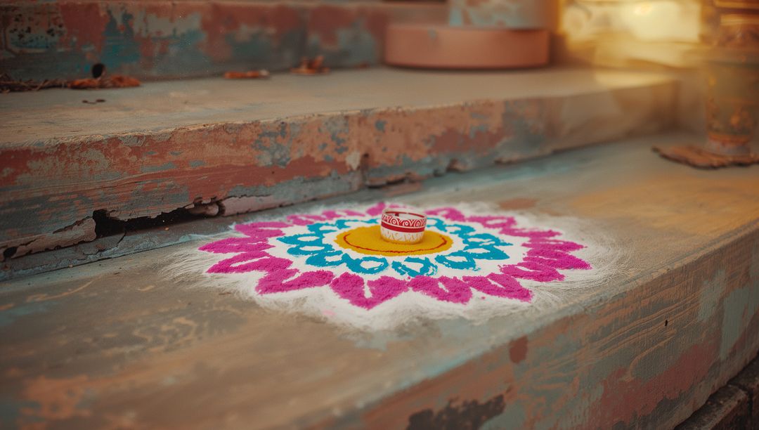 Colorful Rangoli Design with Oil Lamp on Rustic Steps