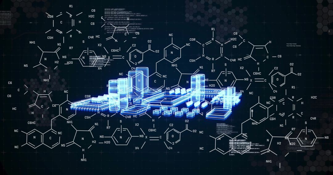 Futuristic Cityscape with Digital Chemical Structures