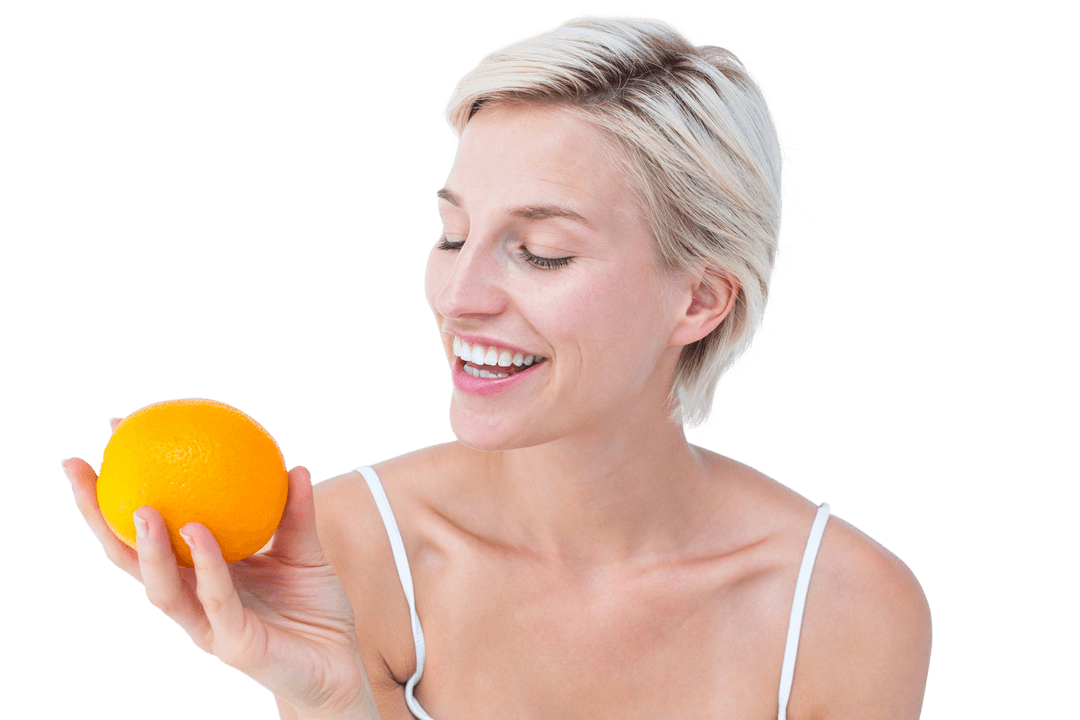 Happy Woman Holding Fresh Orange Displaying Joyful Expression in Transparent Scene