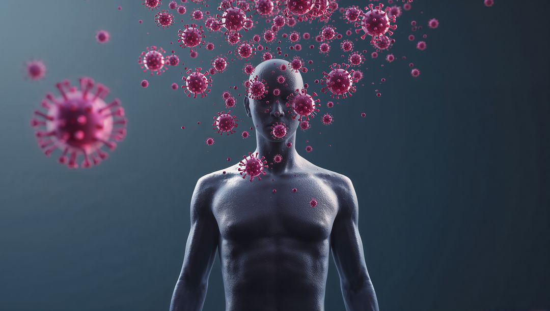Futuristic Human Figure with Floating Virus-Like Structures