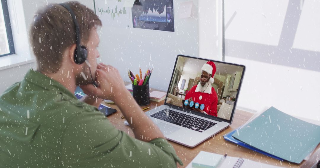 Man Video Calling Family in Festive Winter Setting