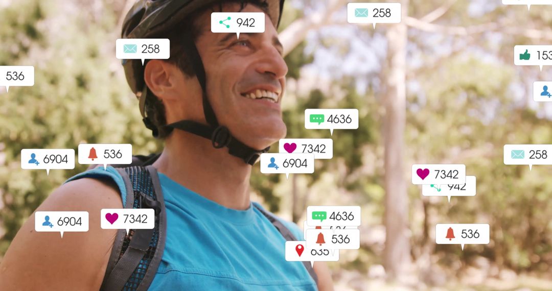 Cyclist Enjoying Nature with Digital Interaction Icons