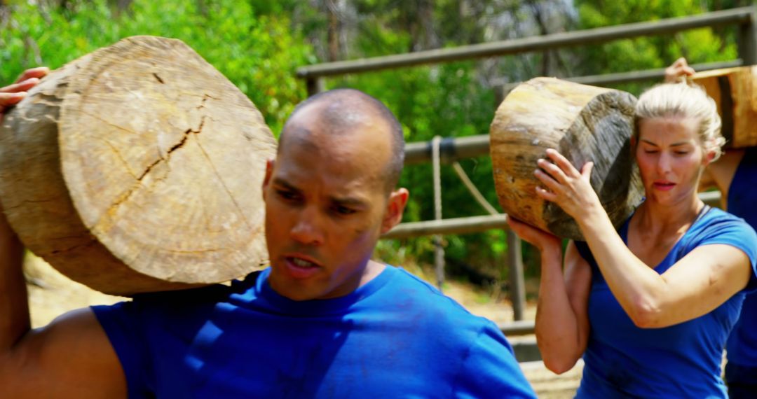 Diverse Team Training Outdoors Carrying Heavy Wooden Logs - Free Images, Stock Photos and Pictures on Pikwizard.com